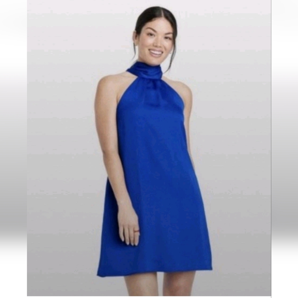 A New Day Satin Royal Blue Halter Tie Back Cocktail Dress